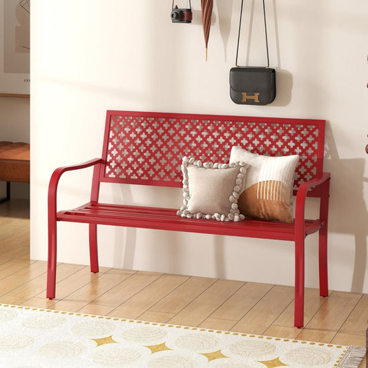 Banc De Jardin Chaise De Patio En Métal Pour 2 Personnes Avec Dossier Ajouré & Siège À Lattes Banc Moderne De 127 Cm De Long Noir/Rouge