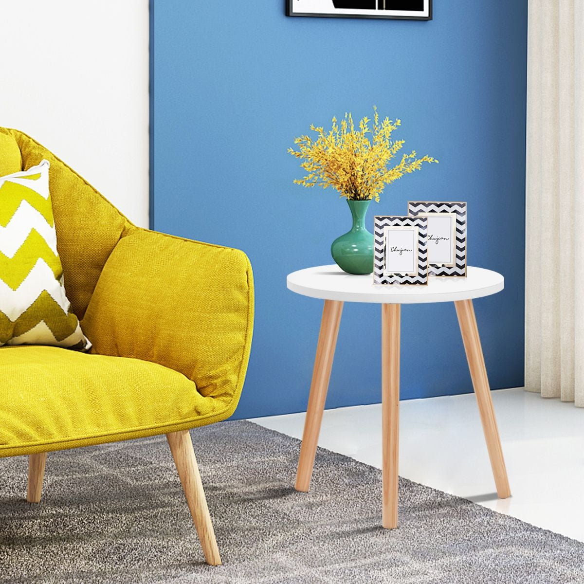 Table Basse Ronde Style Scandinave Moderne En MDF Et Bois De Pin Dim. Ø40 X 48H Blanc