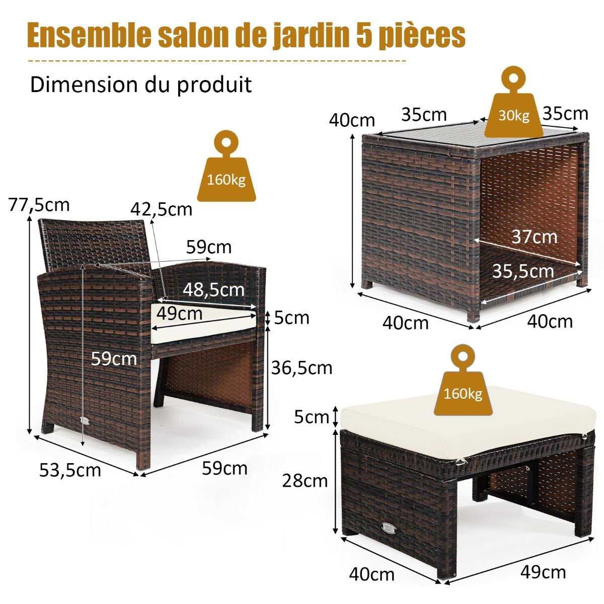 Ensemble Meuble De Salon 5PCS Salon De Jardin En Rotin PE Avec Coussin Pour Balcon Piscine Terrasse Gris/Blanc