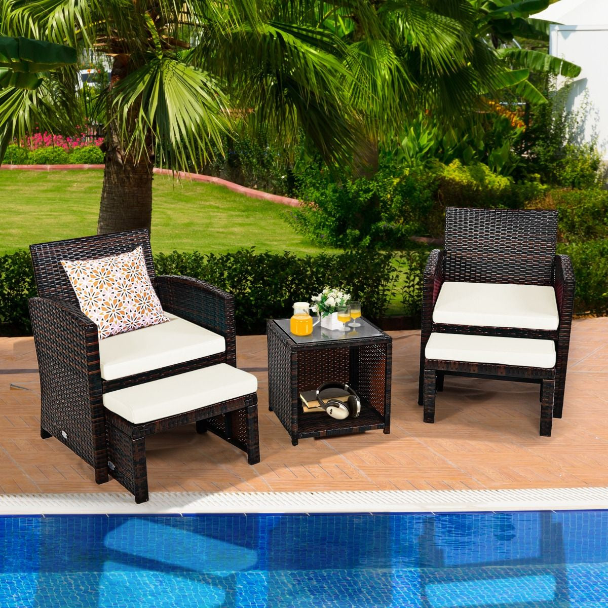 Ensemble Meuble De Salon 5PCS Salon De Jardin En Rotin PE Avec Coussin Pour Balcon Piscine Terrasse Gris/Blanc