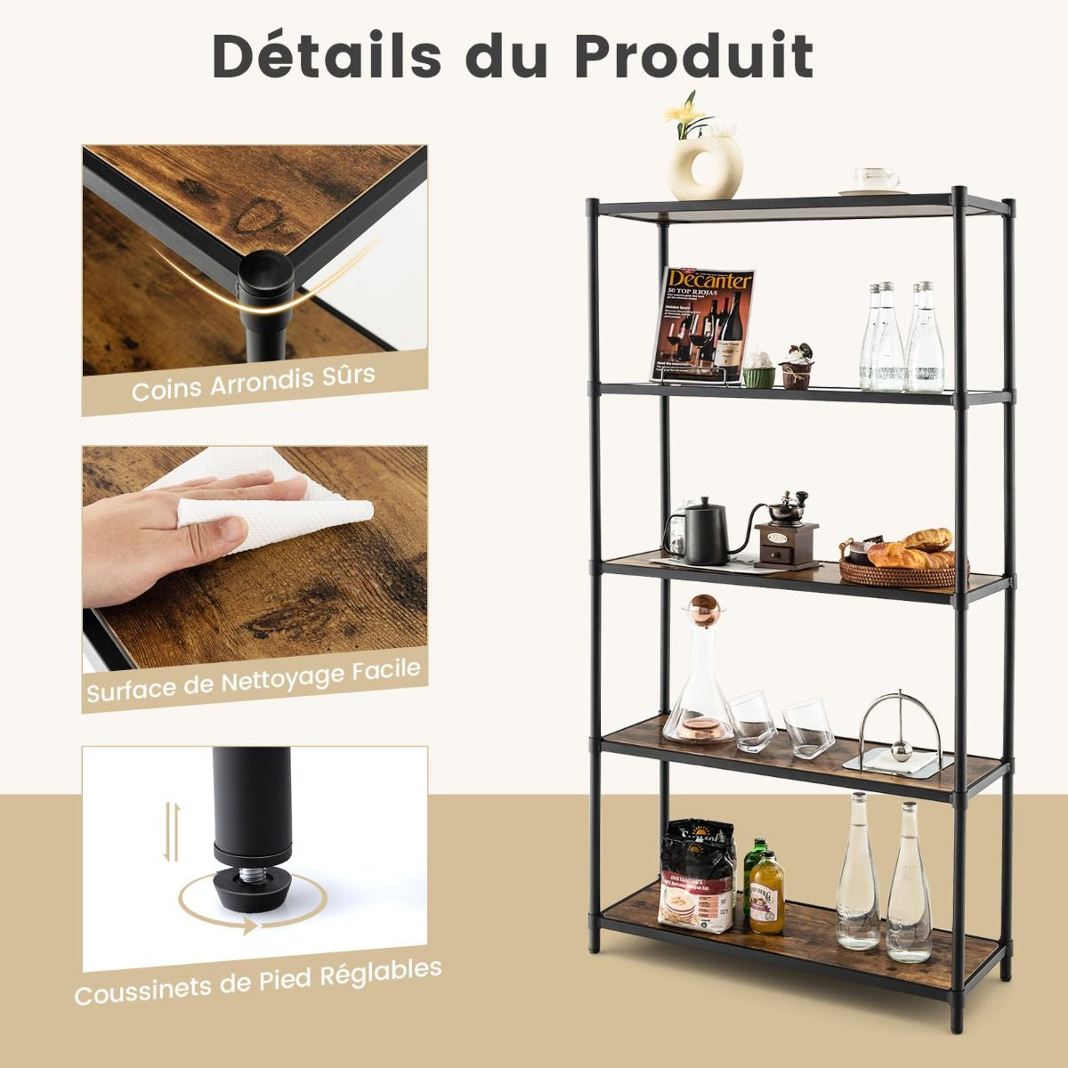 Bibliothèque Style Industriel À 5 Niveaux 80X29X154Cm Étagère De Rangement Avec Dispositifs Anti-Basculement Pieds Réglables Noir