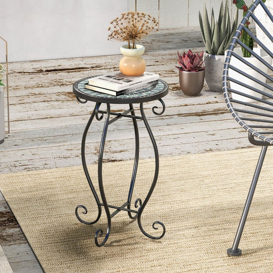 Table D'Appoint Ronde De Jardin Avec Plateau Mosaïque En Carreaux De Céramique Table Basse D'Extérieur Pour Balcon Piscine Noir