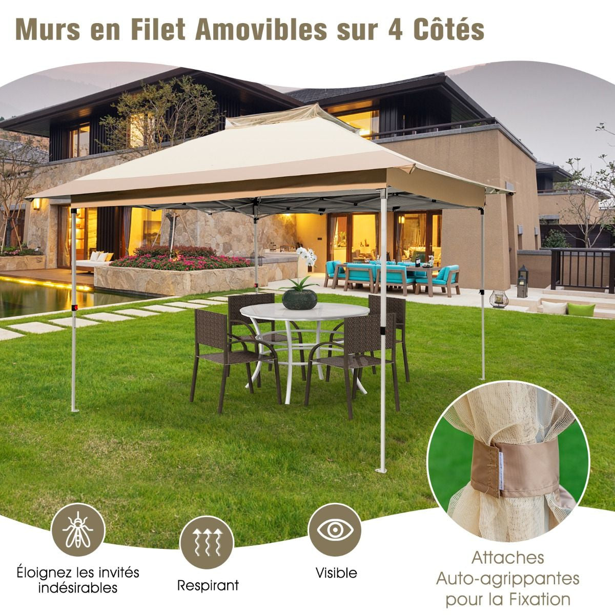 Tonnelle De Jardin Instantanée Double Toit 360X360CM Tente Réception Avec Dessus Ventilé Sac De Transport À Roulettes Tonnelle À Ouverture Café
