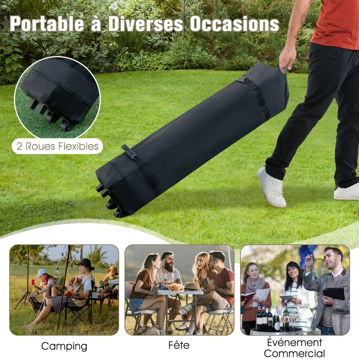 Tonnelle De Jardin Instantanée Double Toit 360X360CM Tente Réception Avec Dessus Ventilé Sac De Transport À Roulettes Tonnelle À Ouverture Café
