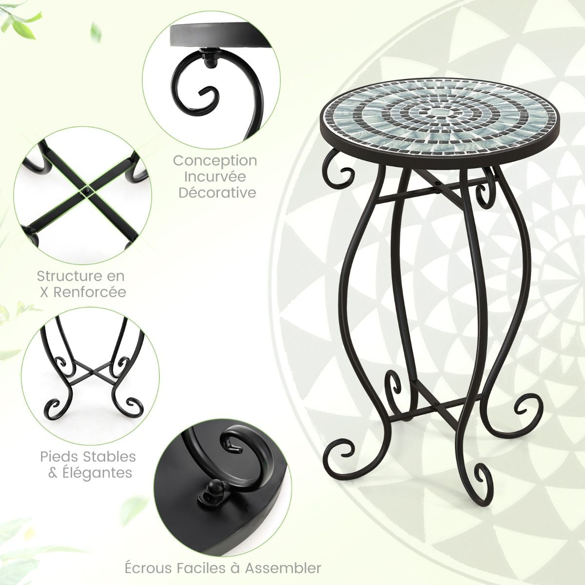 Table D'Appoint Ronde De Jardin Avec Plateau Mosaïque En Carreaux De Céramique Table Basse D'Extérieur Pour Balcon Piscine Noir