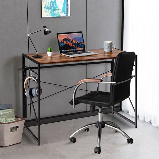 Bureau D'Ordinateur Pliant 100X50X75 Cm Table De Bureau Cadre En Métal 6 Crochets En Forme De S Style Industriel Capacité 115Kg Café