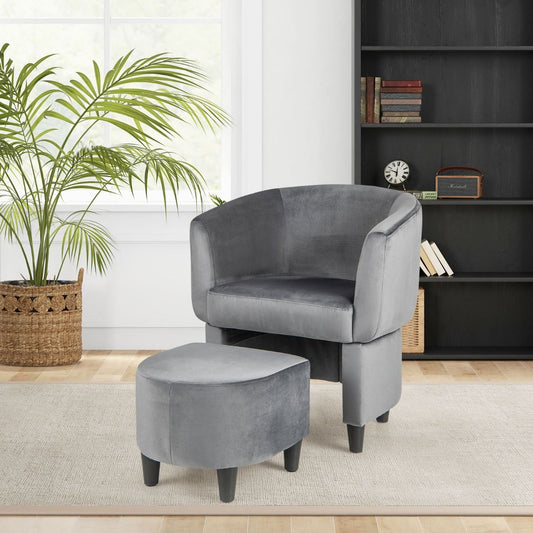 Fauteuil Tonneau Rembourré En Velours Avec Repose-Pieds Fauteuil D'Appoint Avec Pouf Cadre En Bois Massif Patins Beige/Gris