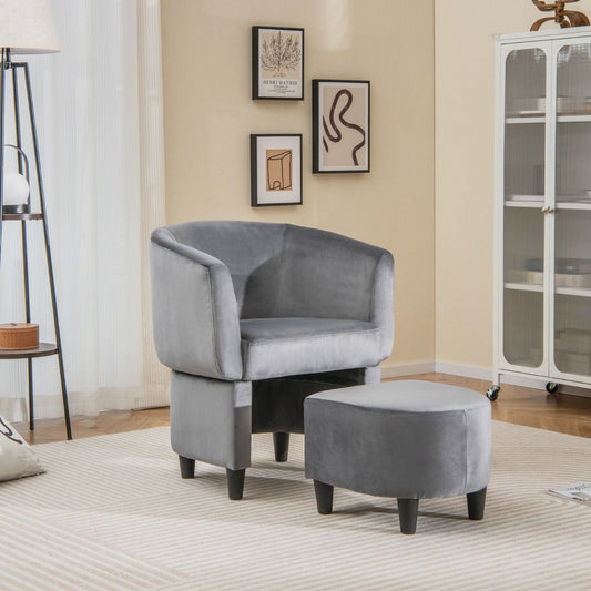Fauteuil Tonneau Rembourré En Velours Avec Repose-Pieds Fauteuil D'Appoint Avec Pouf Cadre En Bois Massif Patins Beige/Gris