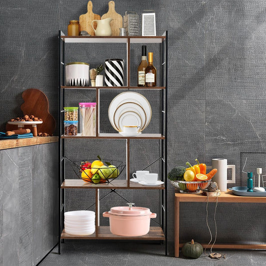 Bibliothèque À 5 Niveaux Style Industriel Etagère De Rangement Moderne Capacité 100 Kg En Acier 74X30X155Cm Brun